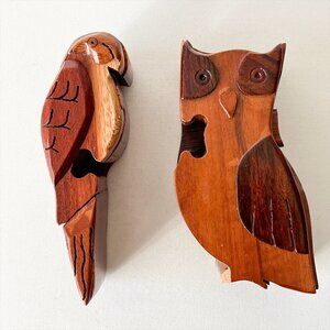 Owl Parrot Wooden Puzzle Boxes 2 Bird Animal Shaped Wood Trinket Boxes